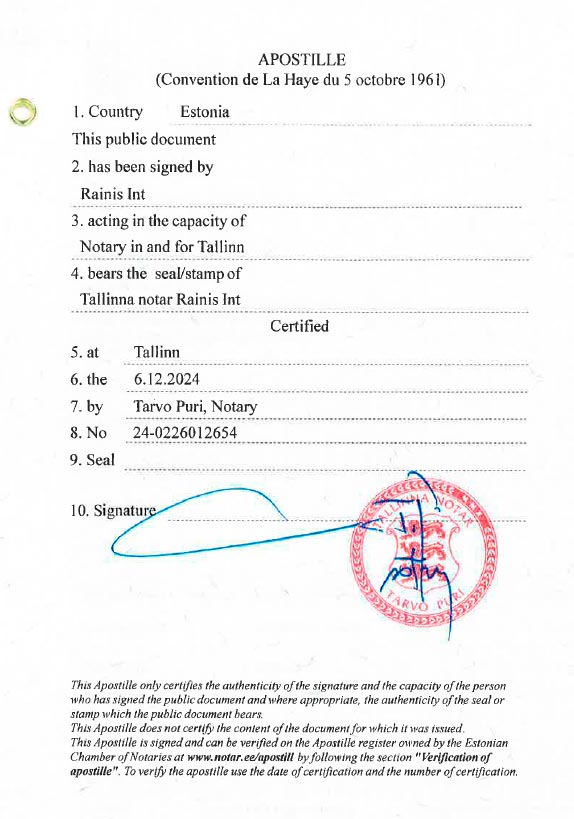 Приклад апостилю на документ в Естонії